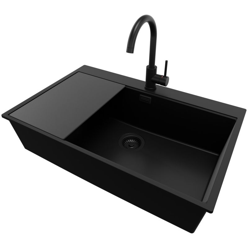 Zlewozmywak Granitowy Oslo Top PRIMAGRAN Nablatowy 78x50cm do Szafki od 80cm, Cały Czarny + Bateria + Syfon + Deska, S630, 1 szt.