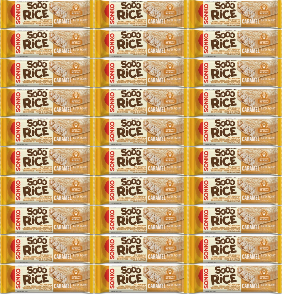 90x Baton ryżowy Sonko Sooo Rice Caramel, w czekoladzie białej, z karmelem, 16g