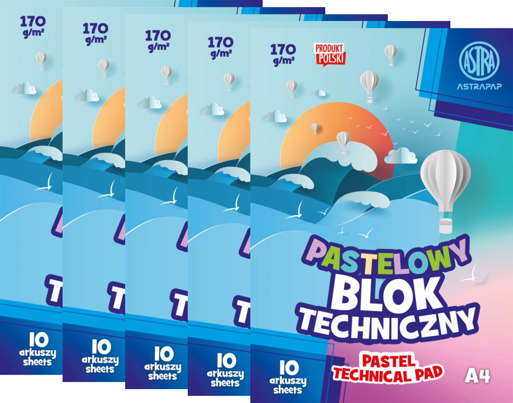 5x Blok techniczny Astra Astrapap, A4, 170g, 10 kartek, kolorowy pastelowy