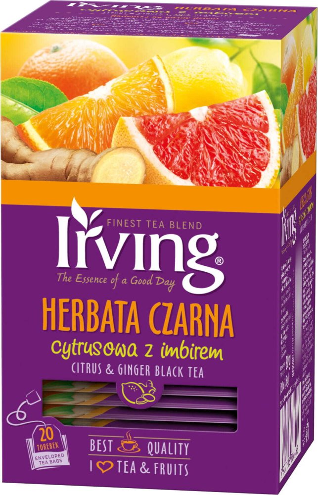 Herbata czarna aromatyzowana w kopertach Irving, cytryna i imbir, 20 sztuk x 1.5g