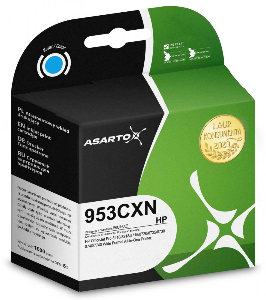 Tusz AsartoAS-H953CXN (F6U16AE), 1600 stron, cyan (błękitny)
