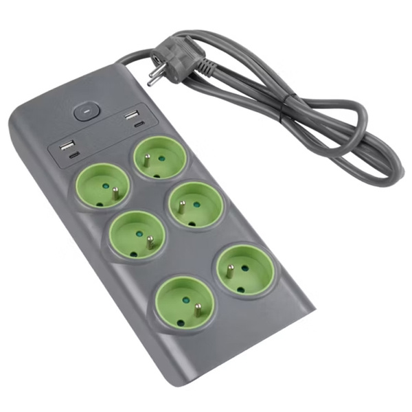 Przedłużacz mieszkaniowy 6 gniazdkowy USB z uziemieniem 1,5 m szaro-zielony