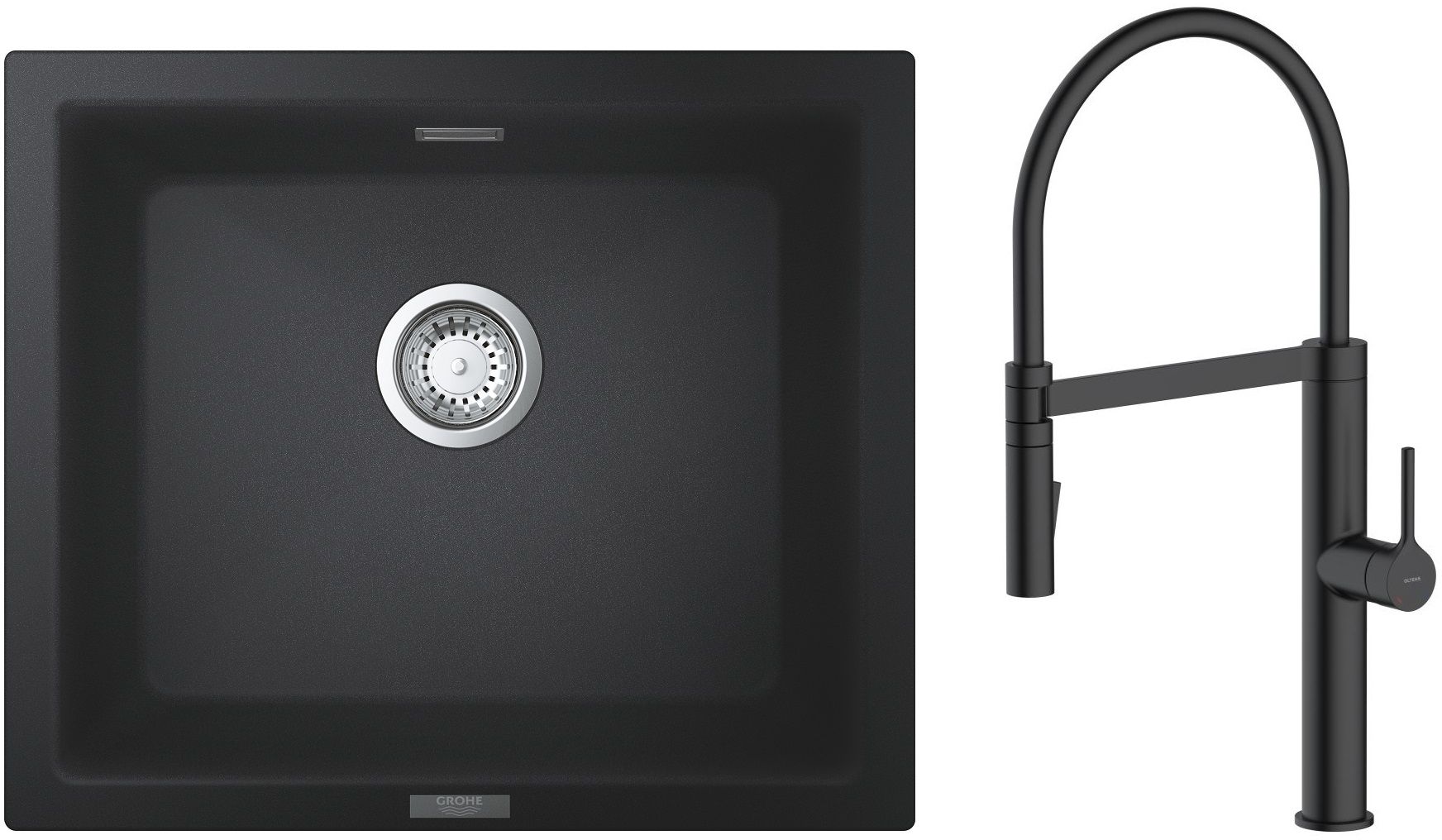 Zestaw Grohe K700U zlewozmywak granitowy 53,3x45,7 cm z baterią kuchenną Oltens Borga czarny granit/czarny mat (31654AP0, 35207300)
