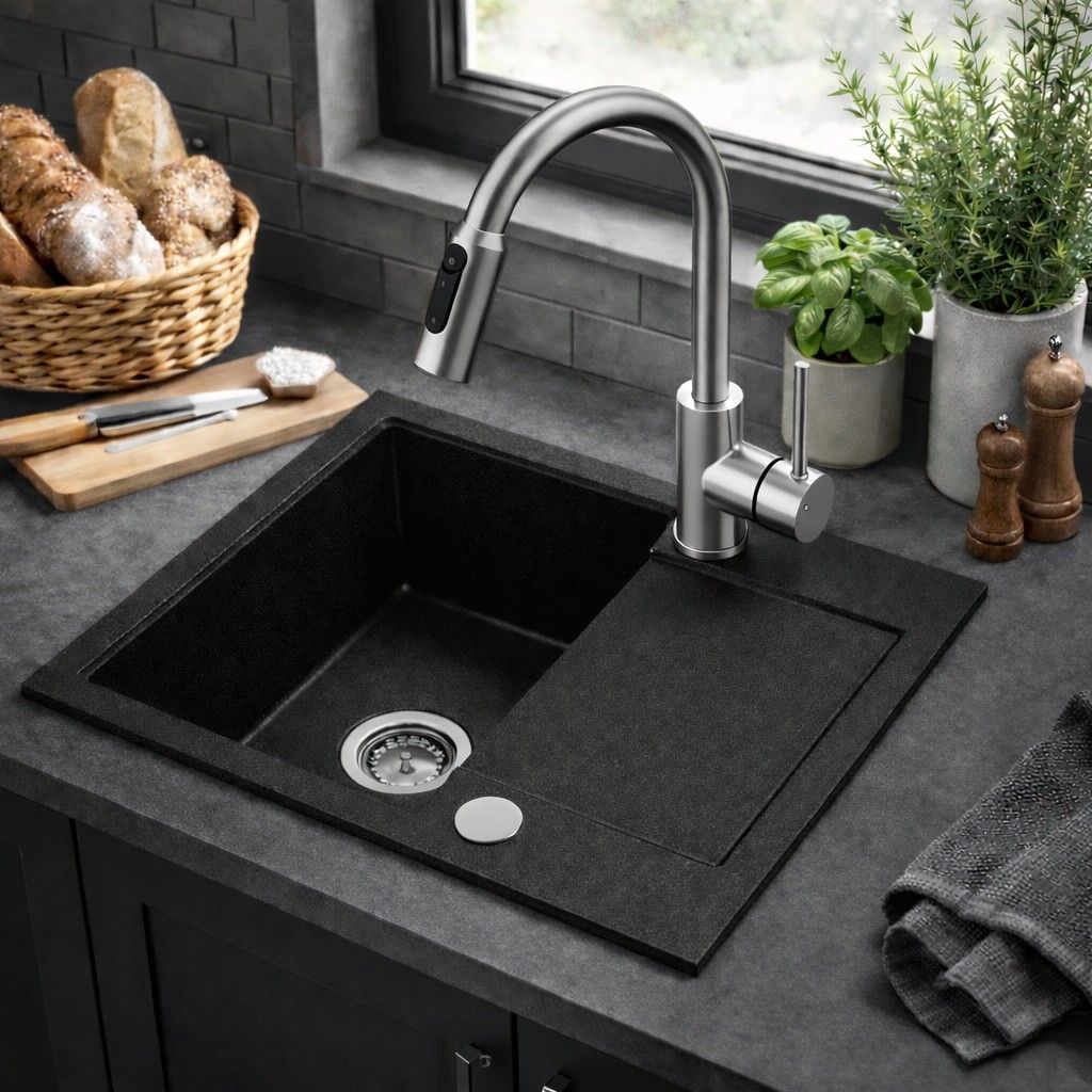 Ruvetti Signum 120 zlewozmywak granitowy 59x50 cm czarny 3001S_BC120_W - Wysyłka w 24h