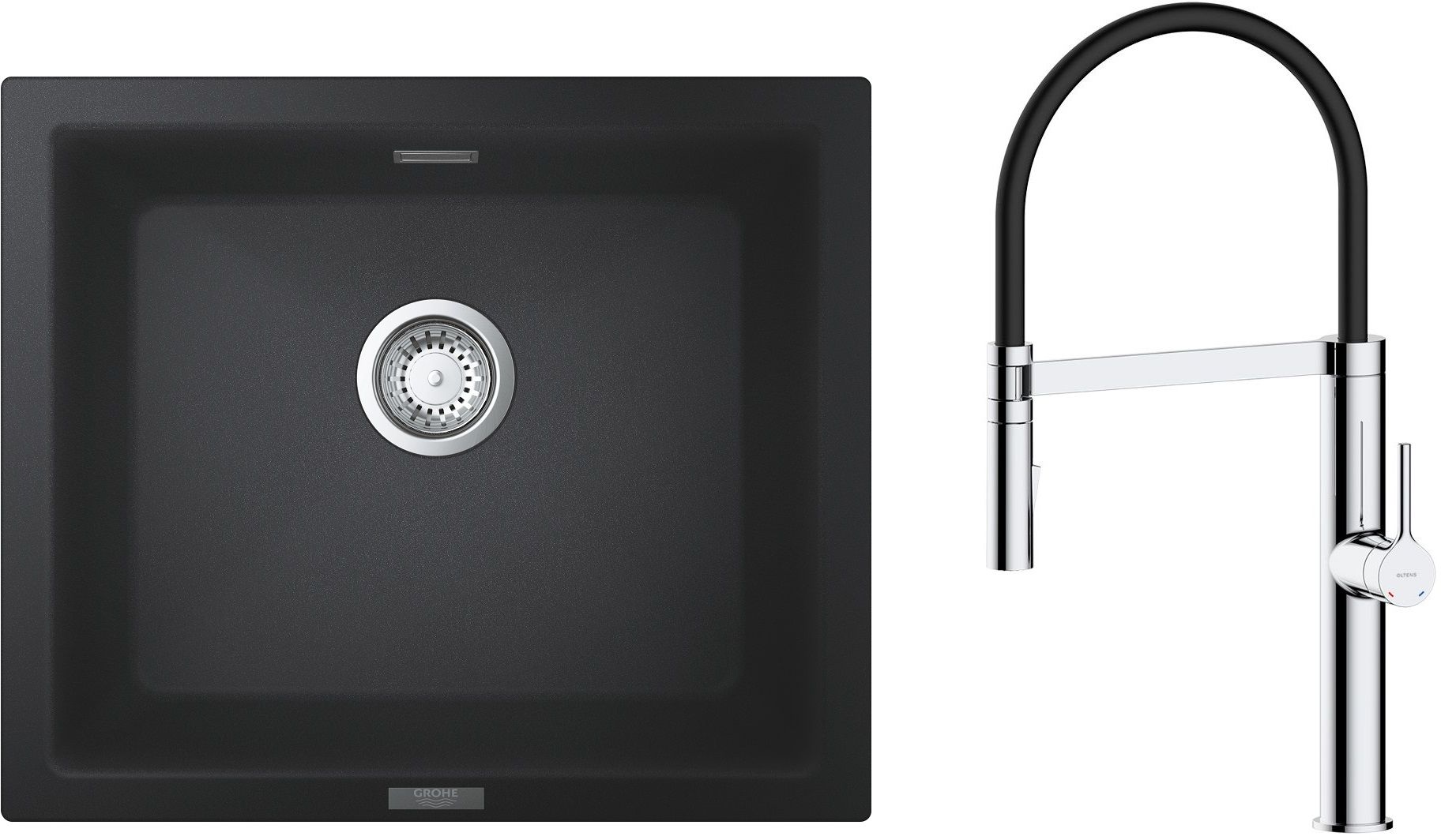 Zestaw Grohe K700U zlewozmywak granitowy 53,3x45,7 cm z baterią kuchenną Oltens Borga czarny granit/czarny/chrom (31654AP0, 35207100)