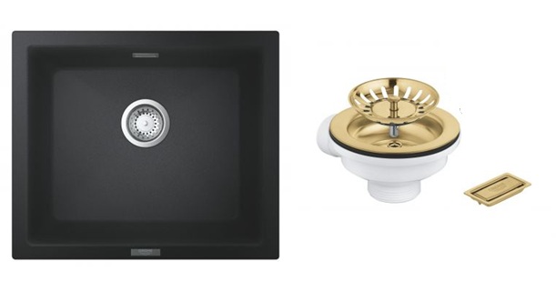 Zestaw Grohe K700 zlewozmywak granitowy 53,3x45,7 cm czarny z odpływem złotym (31654AP0, 40997GN0)