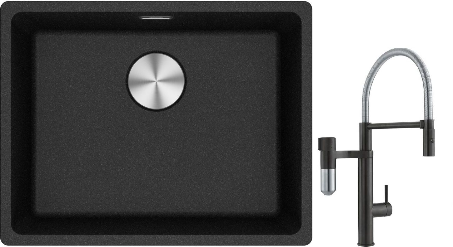 Franke Maris MRG 110-52 zlewozmywak 52x40 cm Fragranite onyx z baterią kuchenną Vital Semi-Pro czarny mat/stal (1250687253, 1200621313)