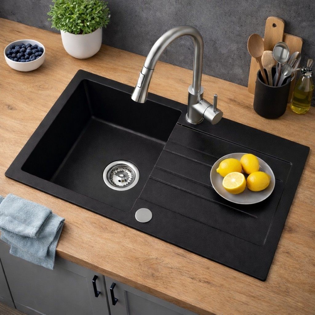Ruvetti Pino 160 zlewozmywak granitowy 77x44 cm czarny 3001PI_BC160_W