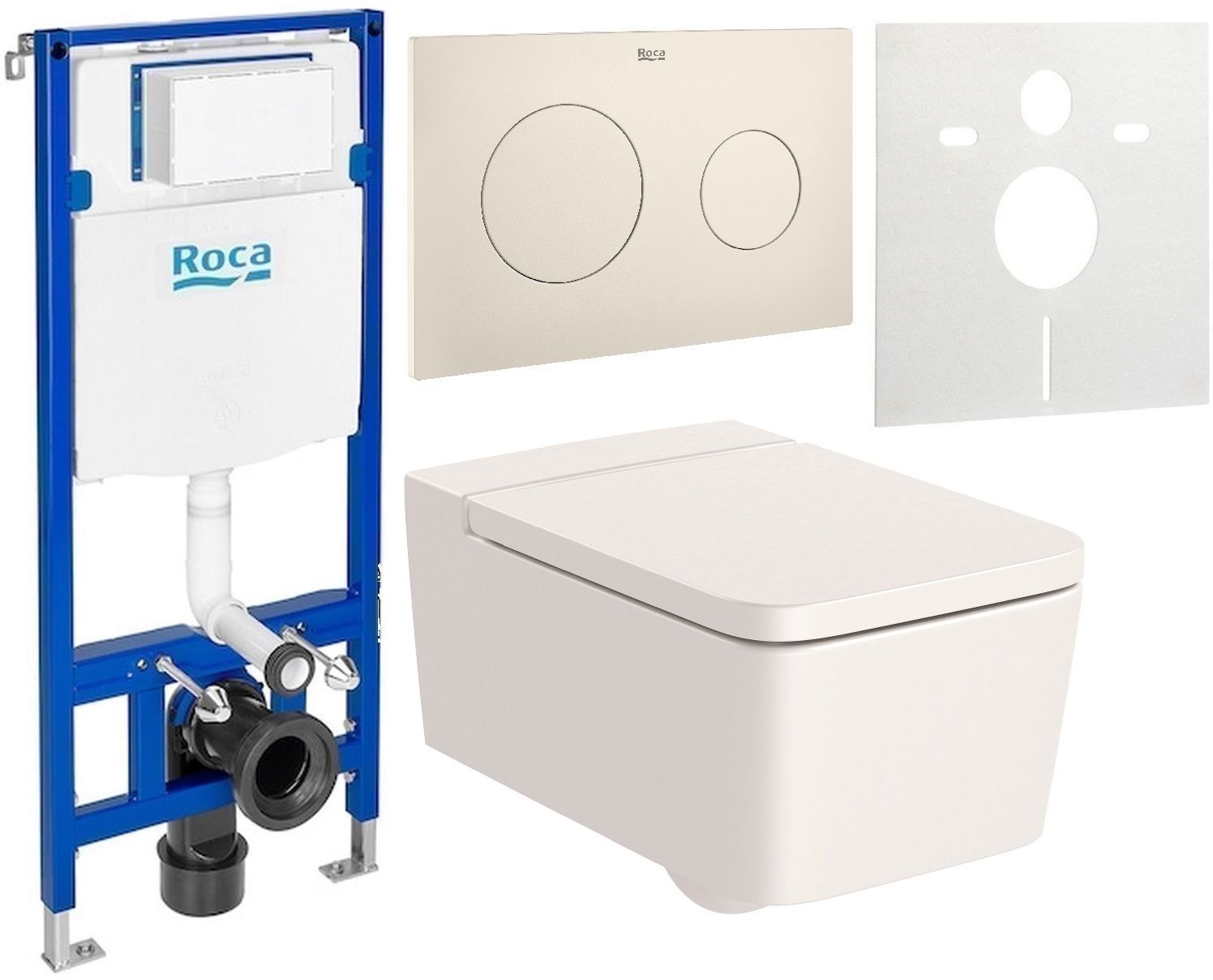 Zestaw Roca Inspira miska WC wisząca Rimless z deską sedesową wolnoopadającą i stelaż podtynkowy Duplo One z przyciskiem ...