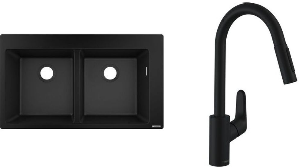 Zestaw Hansgrohe S510-F770 zlewozmywak granitowy czarny z baterią kuchenną Focus czarny mat (43316170, 31815670)