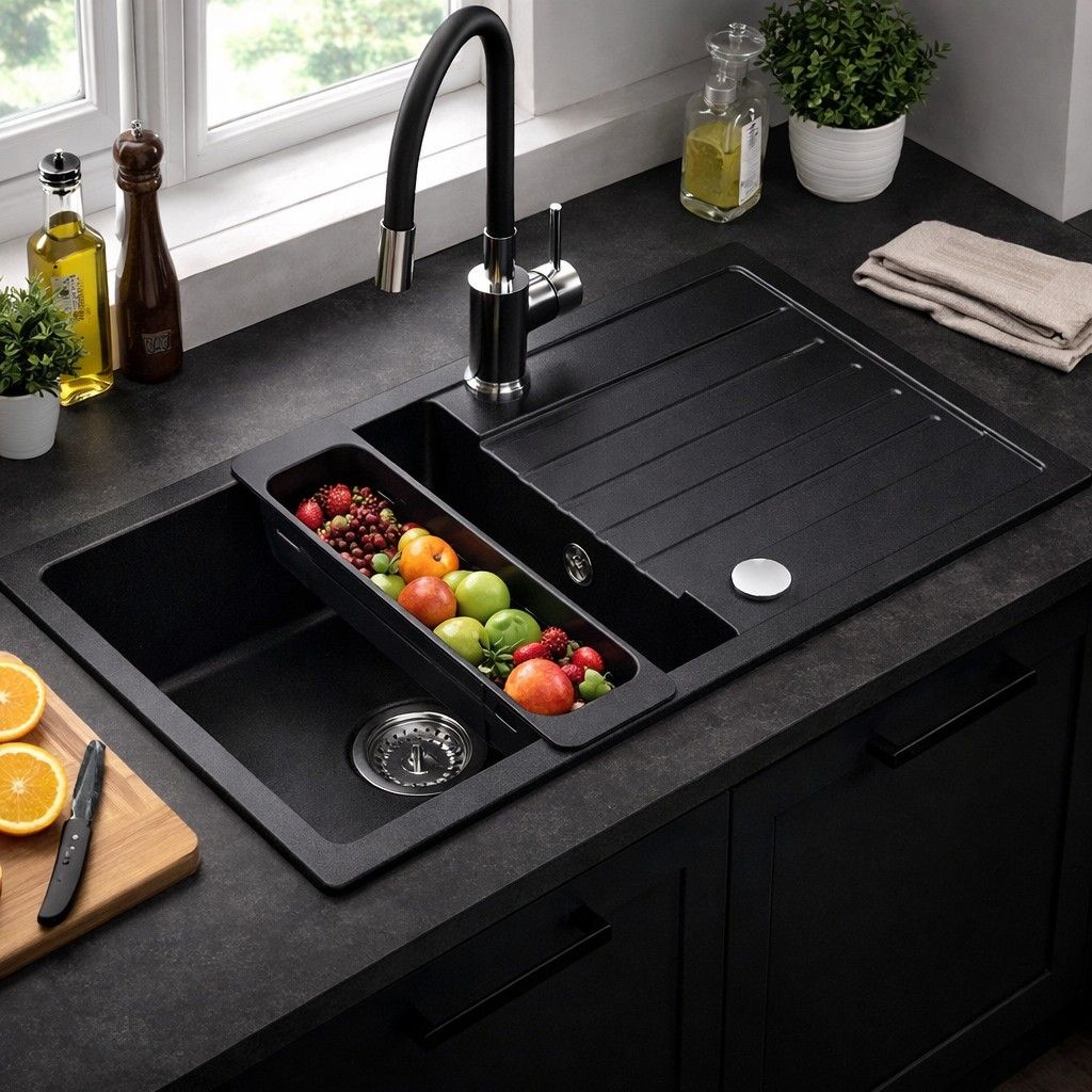 Ruvetti Natu Maxi zlewozmywak 77x44 cm z baterią i akcesoriami czarny/stal LP_3200-NM7744BC_W - Wysyłka w 24h