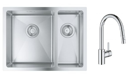 Zestaw Grohe K700 zlewozmywak stalowy 59,5x45 cm satyna z baterią kuchenną Eurosmart Cosmopolitan chrom (31577SD1, 31481001) - Wysyłka w 24h