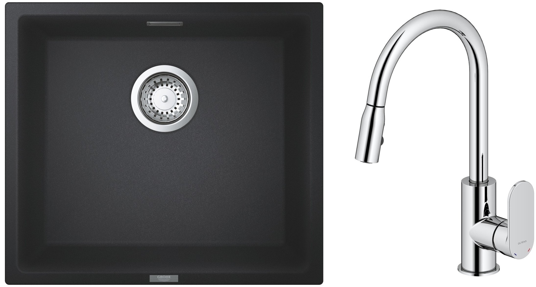 Zestaw Grohe K700 zlewozmywak granitowy 45,7x40,6 cm z baterią kuchenną Oltens Lista czarny granit/chrom (35202100, 31653AP0) - Wysyłka w 24h