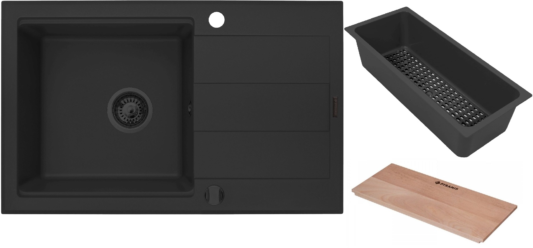Pyramis Sparta Plus zlewozmywak granitowy 78x48 cm czarny z deską kuchenną i wkładką ociekową (70175802, 525009601, 521019601)