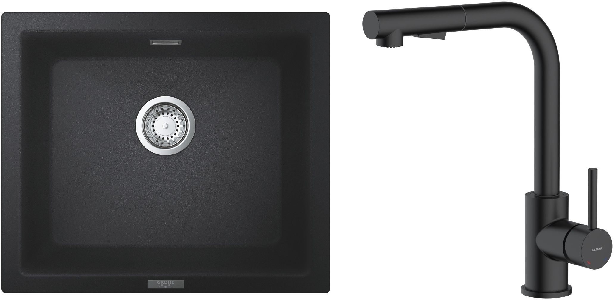 Zestaw Grohe K700U zlewozmywak granitowy 53,3x45,7 cm z baterią kuchenną Oltens Myvat czarny granit/czarny mat (31654AP0, 35205300)