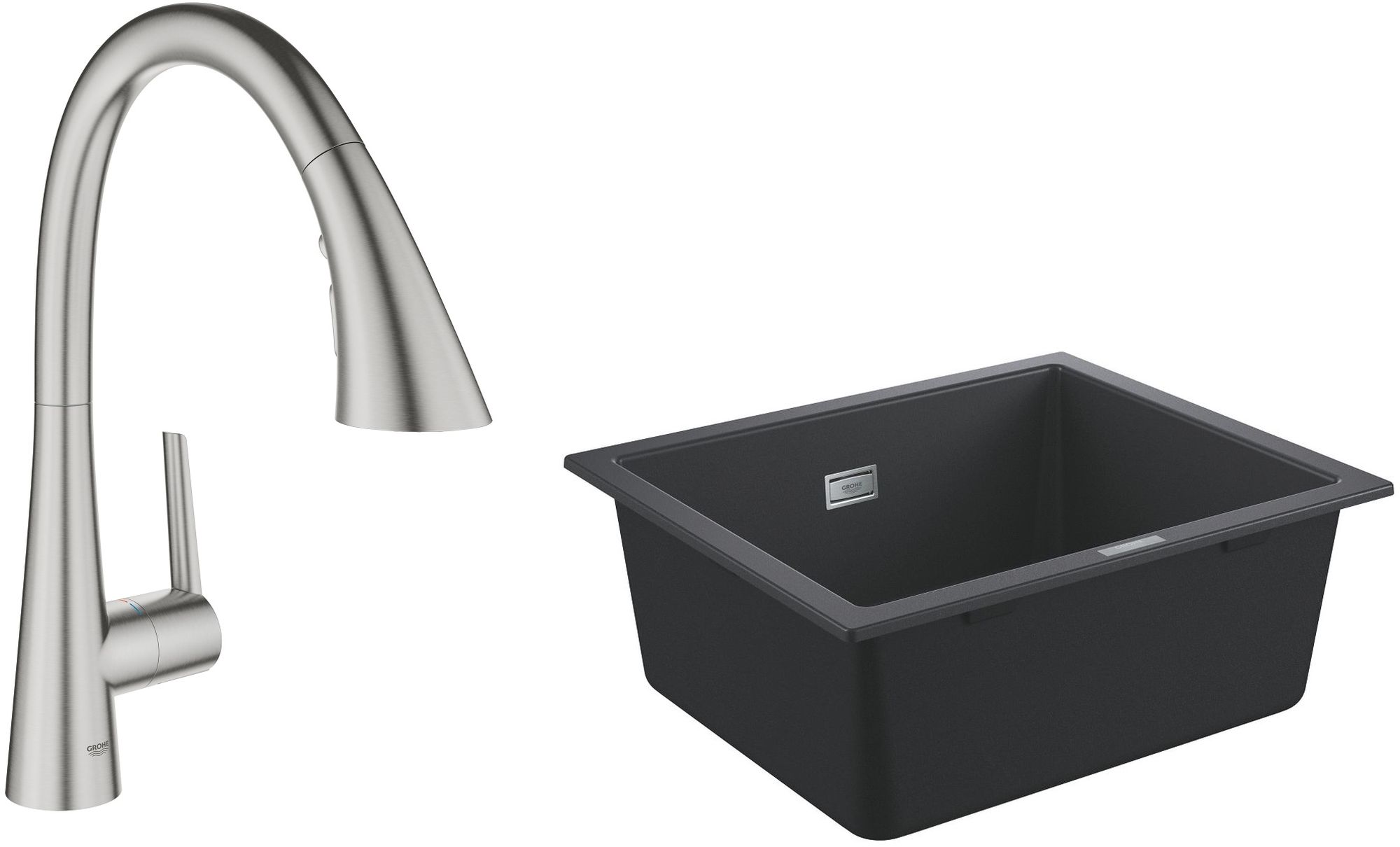 Zestaw Grohe K700 zlewozmywak 53,3x45,7 cm czarny granit z baterią kuchenną Zedra stal (31654AP0, 32294DC2)