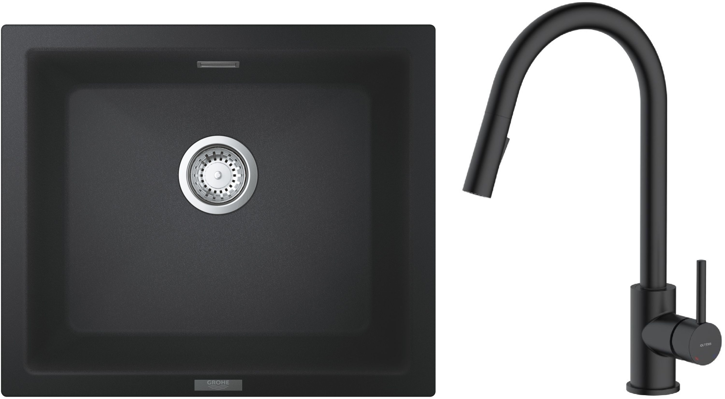 Zestaw Grohe K700U zlewozmywak granitowy 53,3x45,7 cm z baterią kuchenną Oltens Duf czarny granit/czarny mat (31654AP0, 35204300)