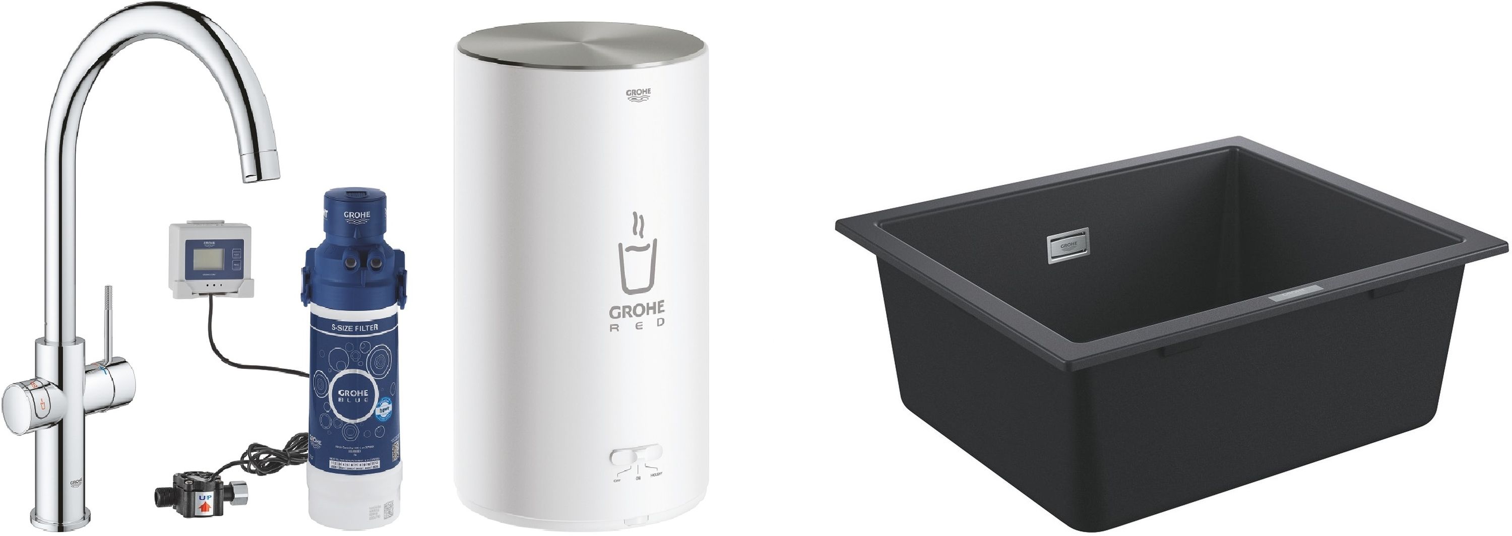 Zestaw Grohe K700 zlewozmywak 53,3x45,7 cm czarny granit z baterią kuchenną z bojlerem M Red Duo chrom (31654AP0, 30083001)