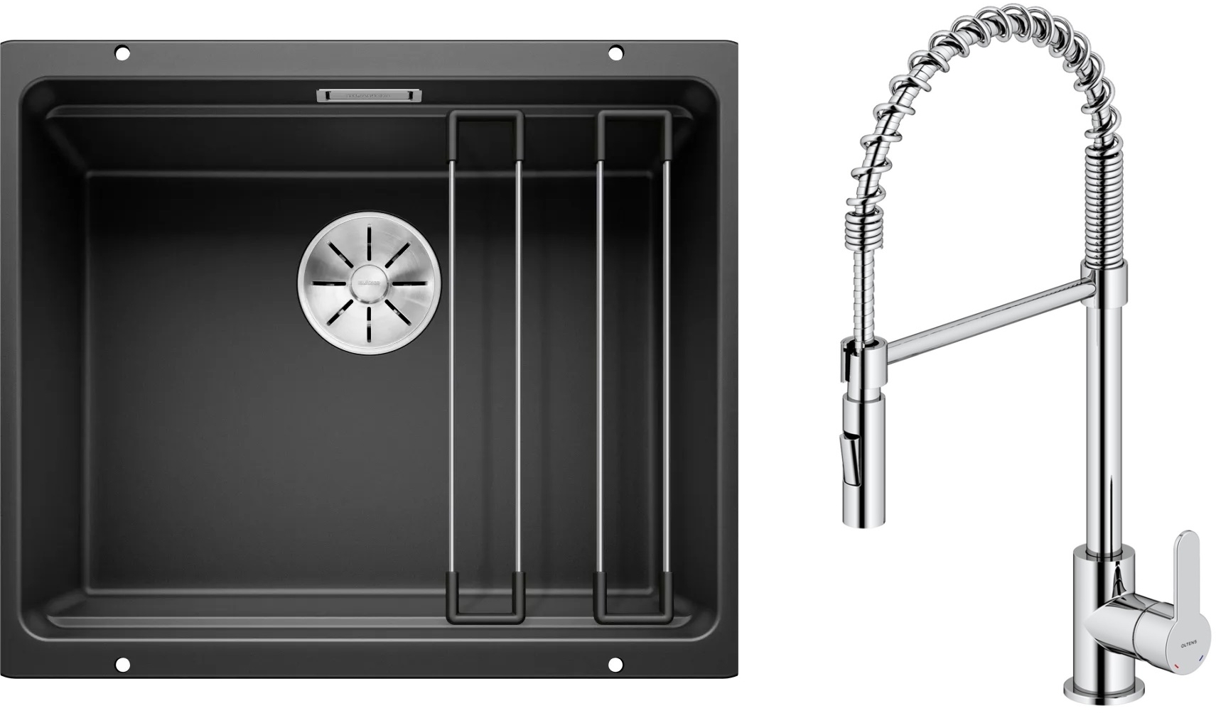 Zestaw Blanco Etagon 500-U zlewozmywak granitowy 53x46 cm z baterią kuchenną Oltens Duf czarny mat/chrom (35203100, 525887) - Wysyłka w 24h