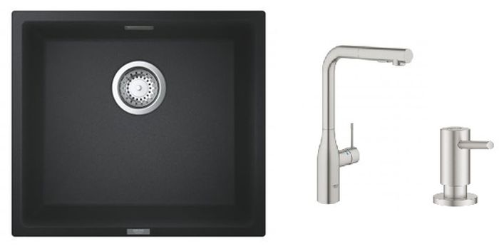Zestaw Grohe K700 zlewozmywak granitowy czarny z baterią kuchenną Essence stal i dozownikiem płynów Cosmopolitan (31653AP0, 30270DC0, ... - Wysyłka w 