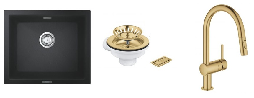 Zestaw Grohe K700 zlewozmywak granitowy 53,3x45,7 cm czarny z baterią kuchenną Grohe Minta i odpływ złoty (31654AP0, 40997GN0, 32321GN2)