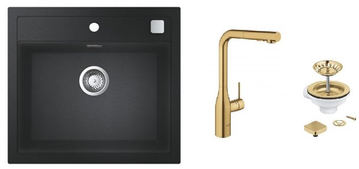 Zestaw Grohe K700 zlewozmywak granitowy czarny z baterią kuchenną Essence Brushed Cool Sunrise i zestawem odpływowym (31651AP0, ... - Wysyłka w 24h