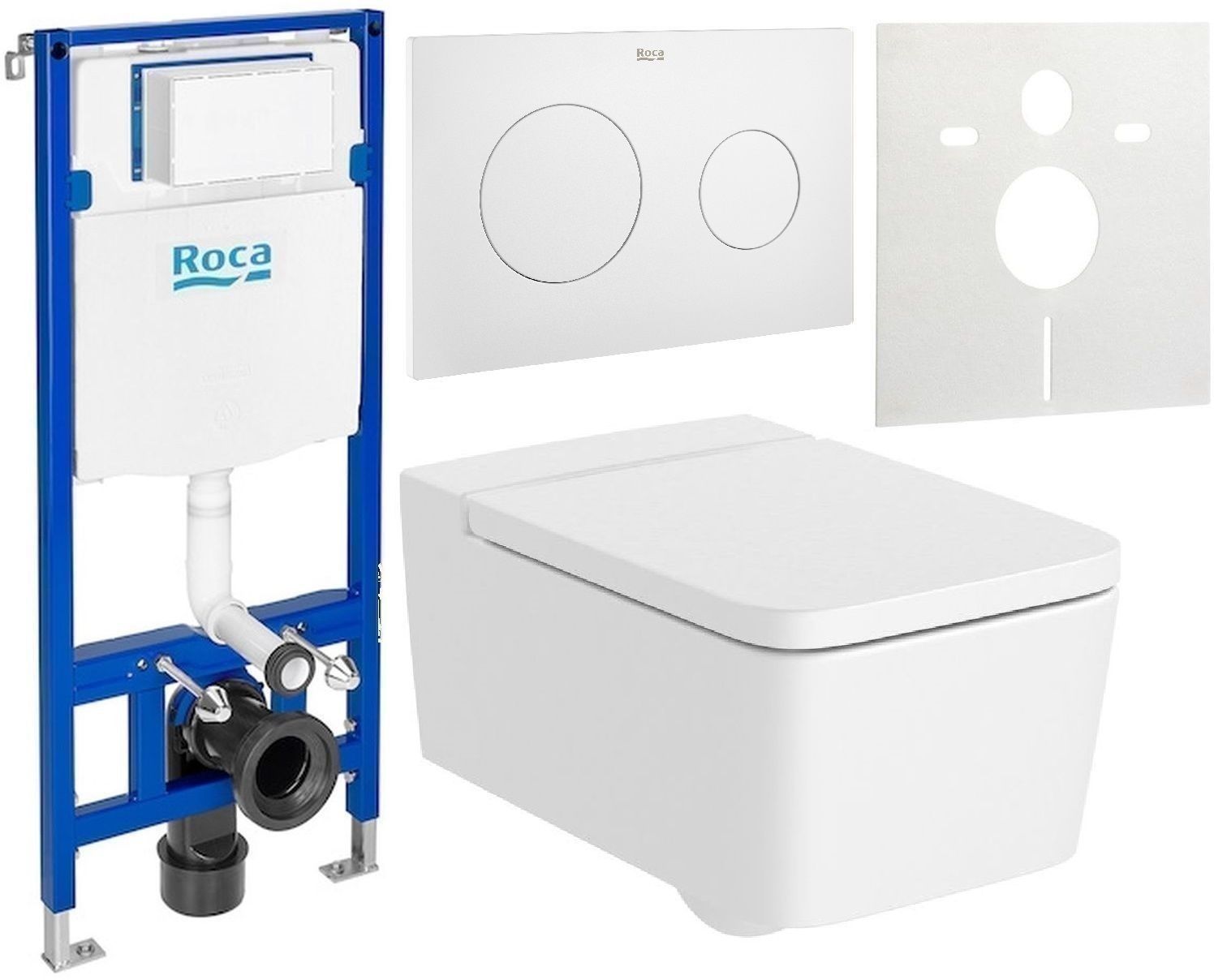 Zestaw Roca Inspira Square miska WC wisząca Rimless z deską sedesową wolnoopadającą i stelaż podtynkowy Duplo One z przyciskiem ...