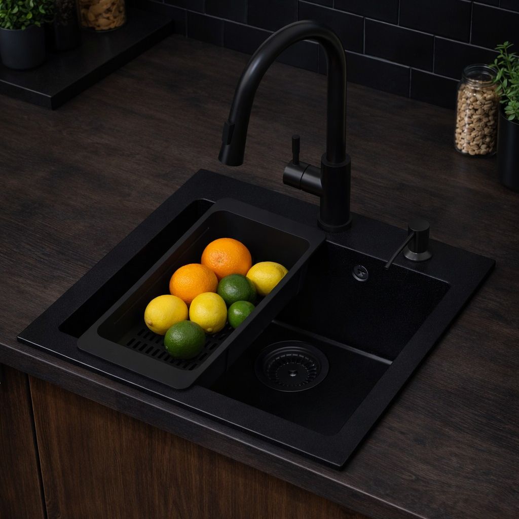 Ruvetti Frigo zlewozmywak 56x51 cm z baterią i akcesoriami czarny LP_3200_FR5651FB_W - Wysyłka w 24h