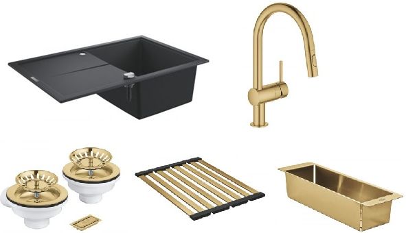 Zestaw Grohe K400 zlewozmywak granitowy czarny z baterią kuchenną Minta, zestawem opływowym, ociekaczem i wkładką ociekową Brushed ...