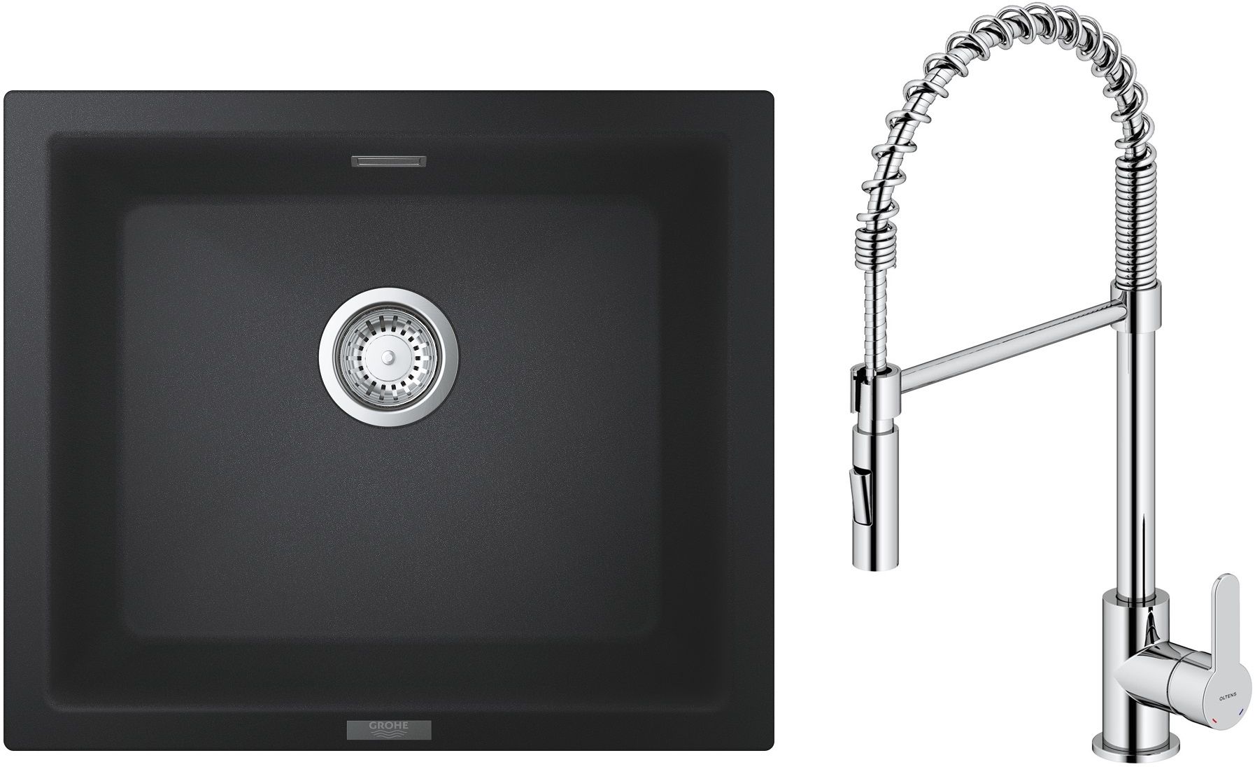 Zestaw Grohe K700U zlewozmywak granitowy 53,3x45,7 cm z baterią kuchenną Oltens Duf czarny granit/chrom (31654AP0, 35203100)
