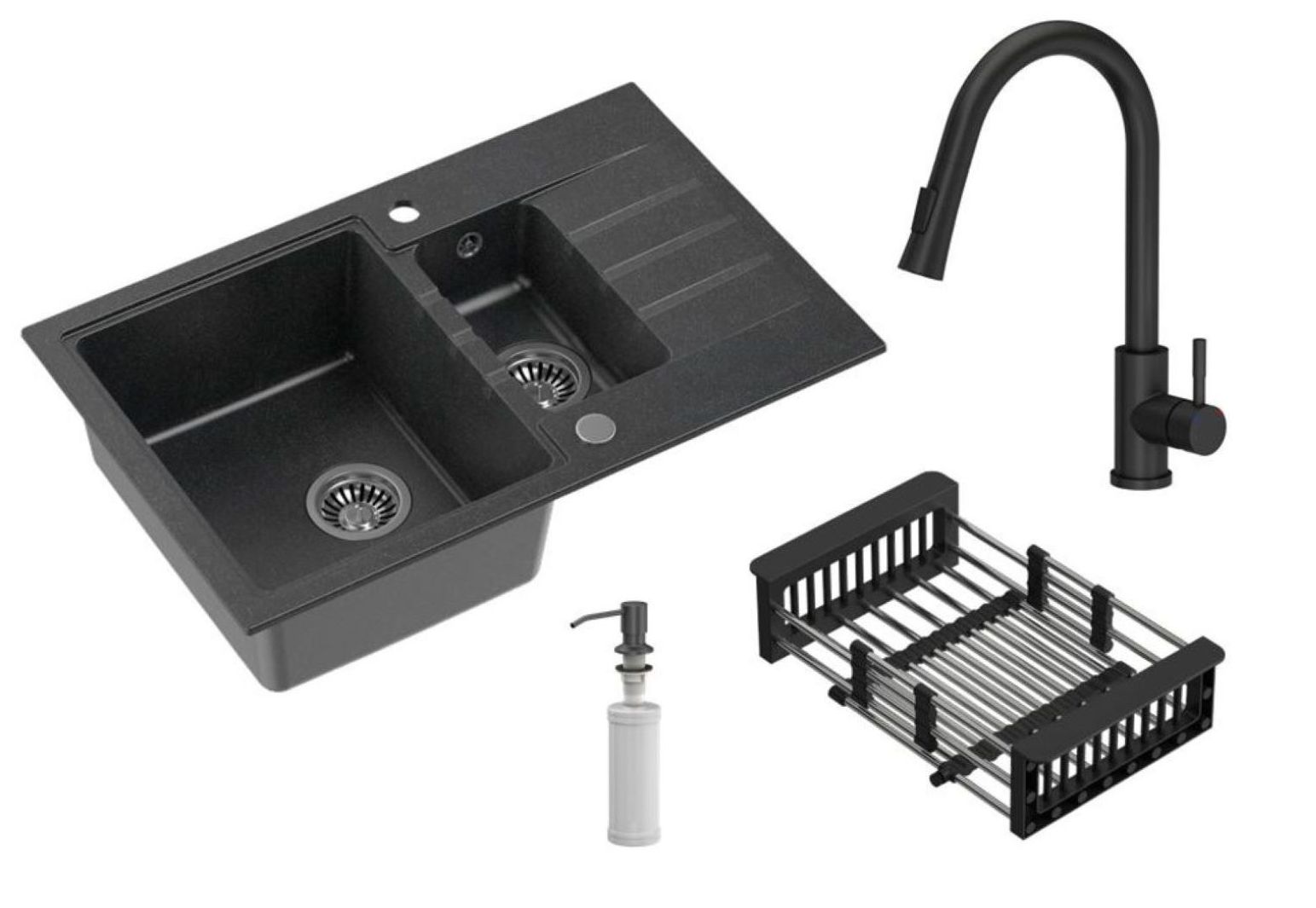 Quadron Comfort 156 zlewozmywak 78x50 cm z baterią i dozownikiem czarny/czarny HCQP57850CZK_3673500BLM