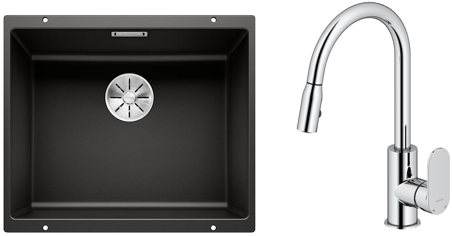 Zestaw Blanco Subline 500-U zlewozmywak granitowy 50x40 cm z baterią kuchenną Oltens Lista czarny mat/chrom (35202100, 525995) - Wysyłka w 24h
