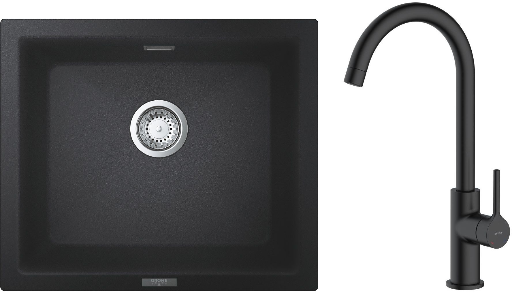 Zestaw Grohe K700U zlewozmywak granitowy 53,3x45,7 cm z baterią kuchenną Oltens Skafta czarny granit/czarny mat (31654AP0, 35206300)