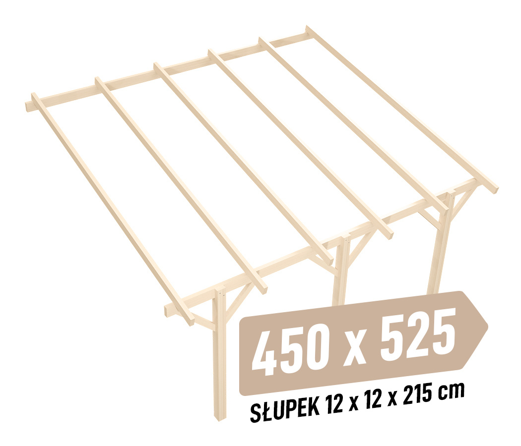 Zadaszenie tarasu KVH Sucha Premium - 450 x 525 cm - słupki 12x12x215 cm przyścienne drewniane - zastrzał prosty