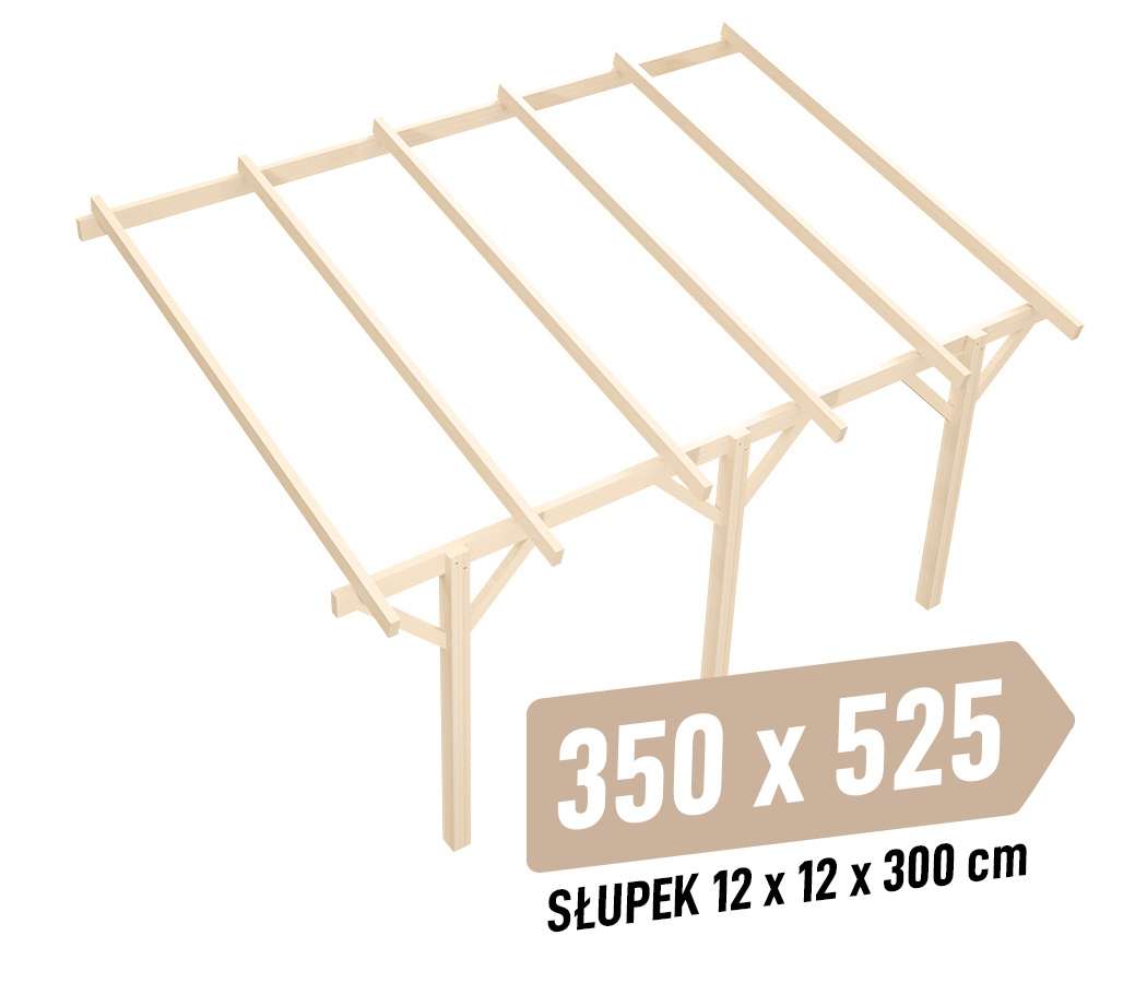Zadaszenie tarasu KVH Sucha Premium - 350 x 525 cm - słupki 12x12x300 cm przyścienne drewniane - zastrzał prosty