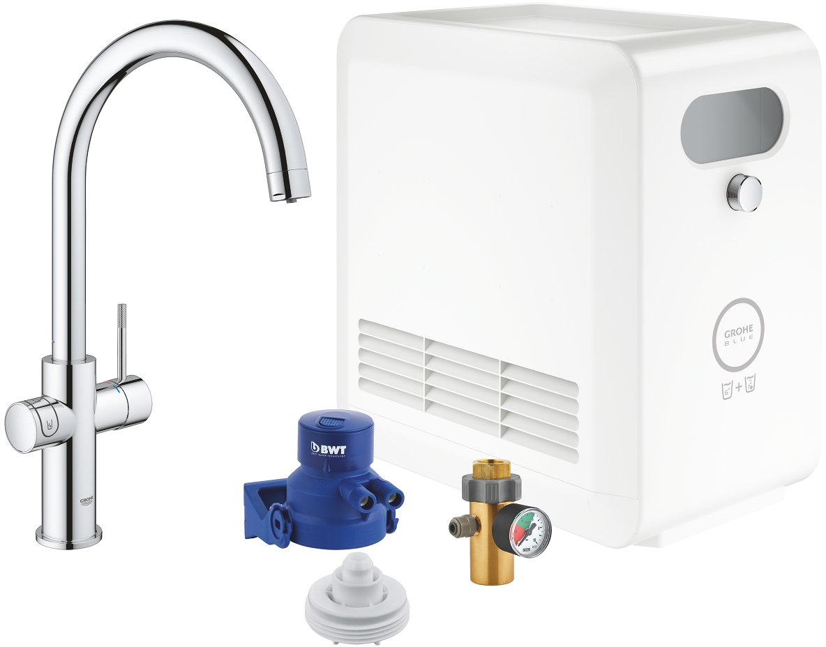 Darmowa Dostawa - Zestaw startowy z baterią kuchenną stojąca starlight chrome Grohe Blue 31323002