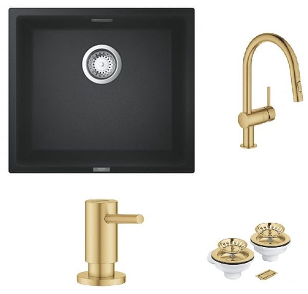 Darmowa Dostawa - Zlewozmywak z baterią i akcesoriami czarny/złoty Grohe K700 abset9724