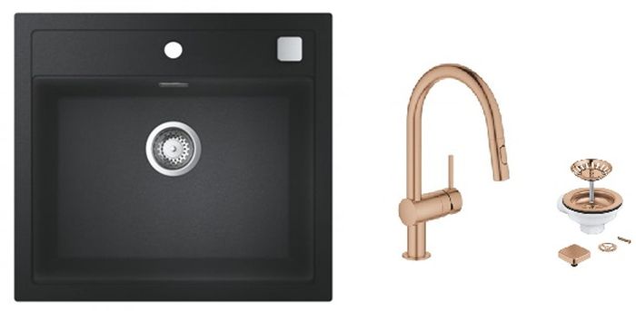 Darmowa Dostawa - Zlewozmywak z baterią i odpływem czarny/miedź Grohe K700 abset9737