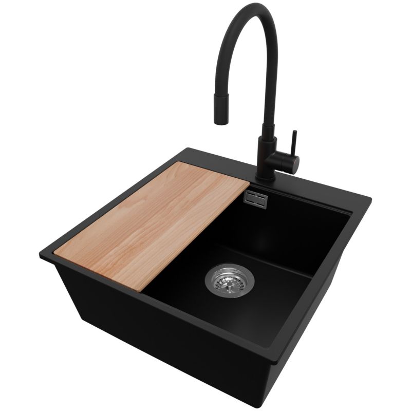Zlewozmywak Granitowy Oslo Top PRIMAGRAN Nablatowy 48x50cm do Szafki od 50cm, Czarny + Bateria + Syfon + Deska, S319, 1 szt.