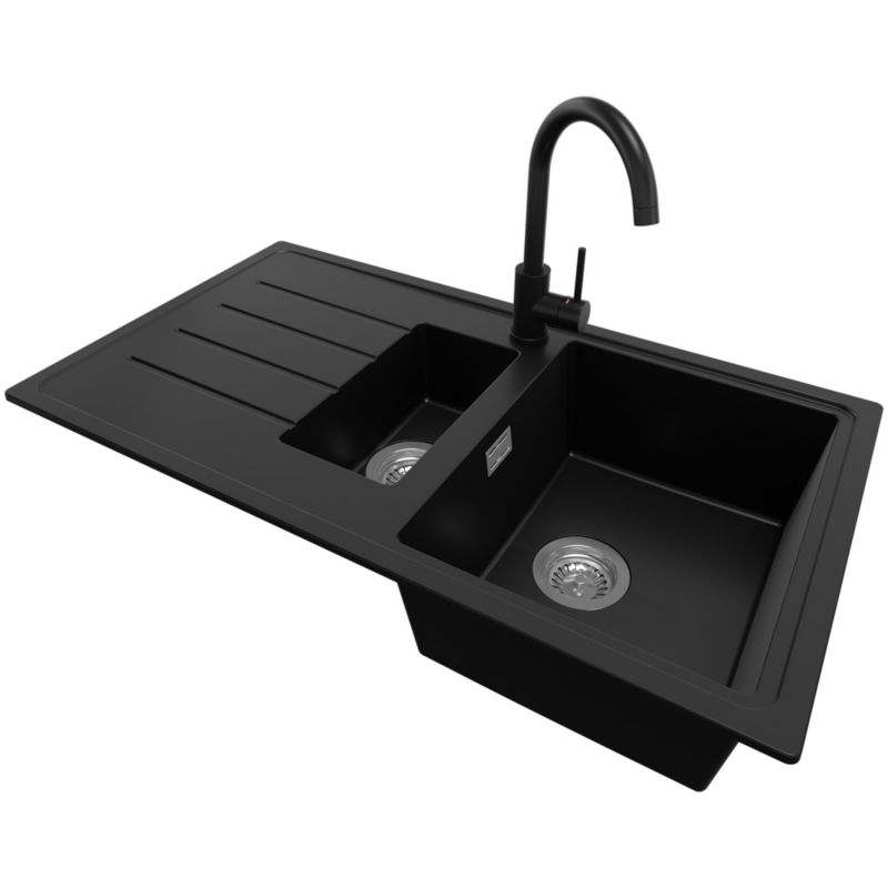 Zlewozmywak Granitowy Kopenhaga Duo PRIMAGRAN Nablatowy 90x50cm do Szafki od 60cm, Czarny + Bateria 32x20cm + Syfon, S011, 1 szt.