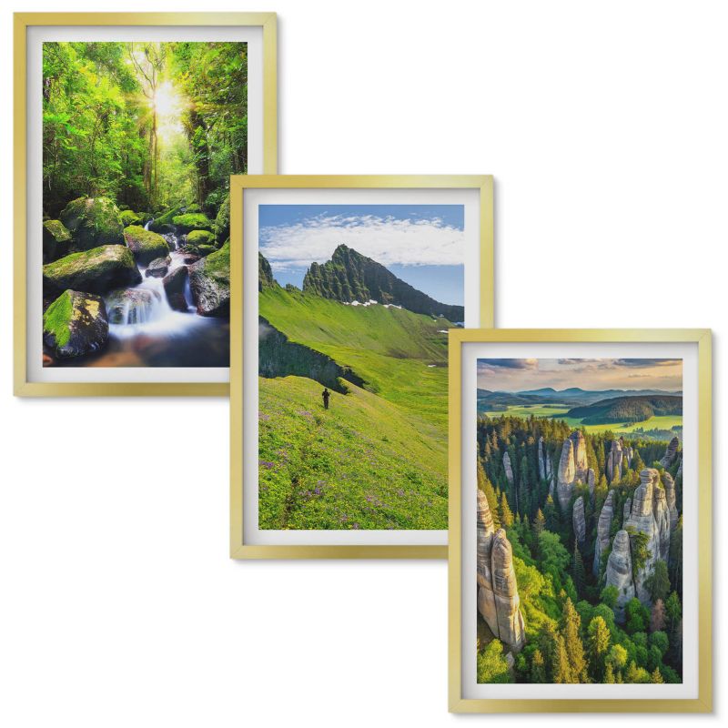 Zestaw obrazów Wallfluent Zielone góry wodospad las Złota rama 40x60 cm 3 szt.