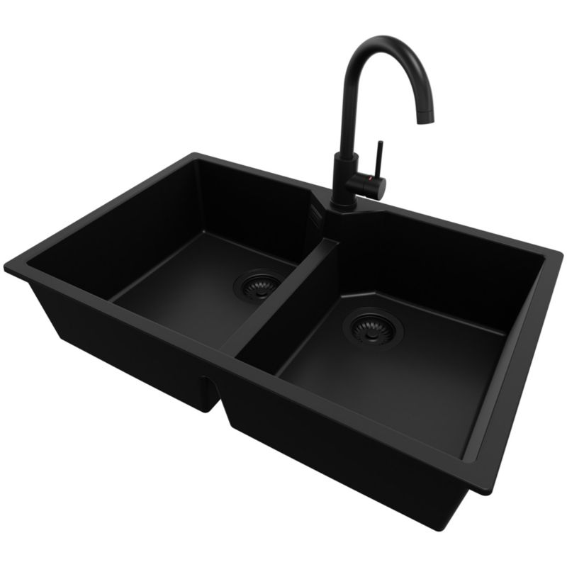 Zlewozmywak Granitowy Madryt Twin PRIMAGRAN Nablatowy 78x50cm do Szafki od 80cm, Cały Czarny + Bateria + Syfon, S010, 1 szt.