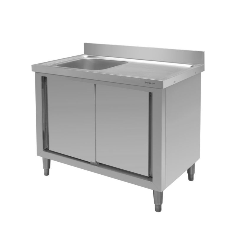 Stół Mega-M gastronomiczny ze stali nierdzewnej przyścienny ze zlewem po lewej stronie i z szafką 100x60x85 cm 1szt.