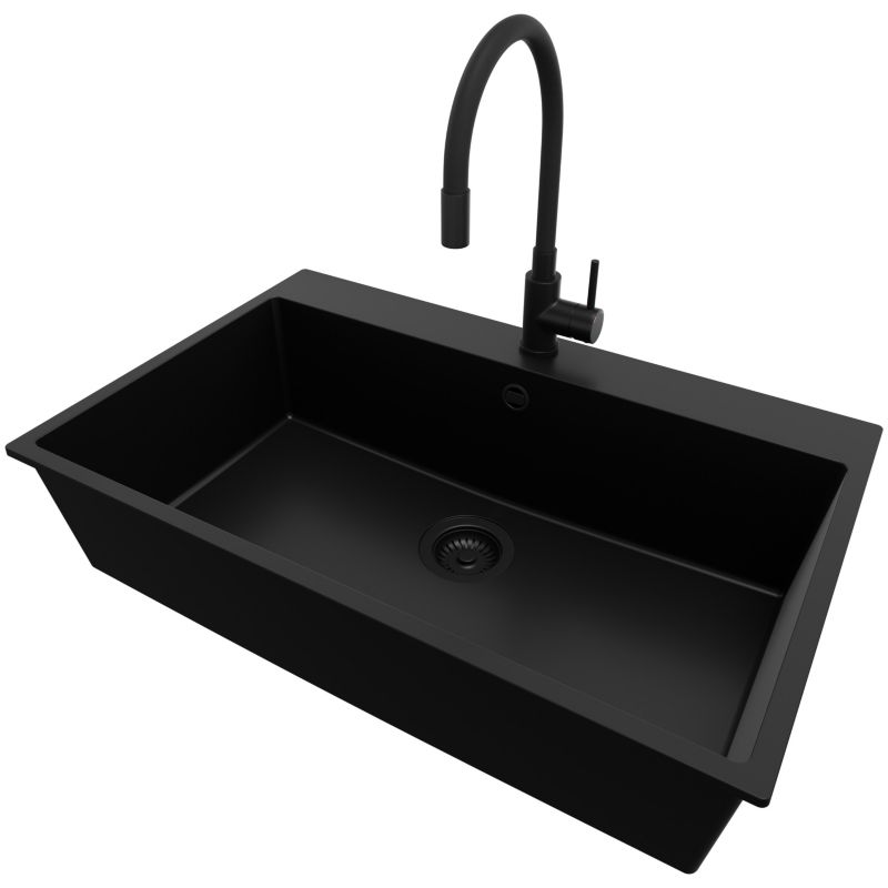 Zlewozmywak Granitowy Ryga PRIMAGRAN Nablatowy 78x50cm do Szafki od 80cm, Cały Czarny + Bateria 38x14cm + Syfon, S422, 1 szt.
