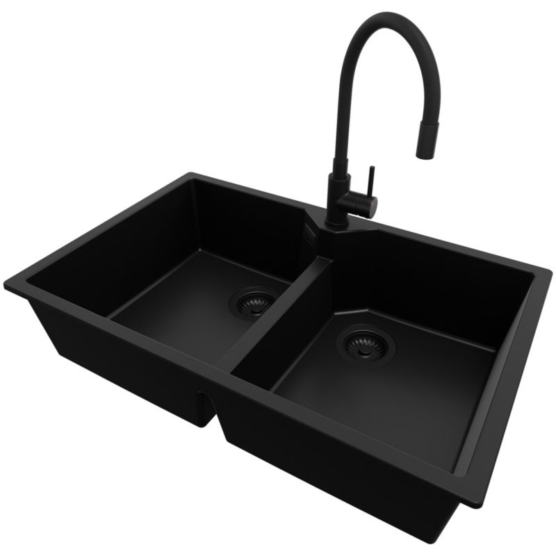 Zlewozmywak Granitowy Madryt Twin PRIMAGRAN Nablatowy 78x50cm do Szafki od 80cm, Cały Czarny + Bateria + Syfon, S022, 1 szt.
