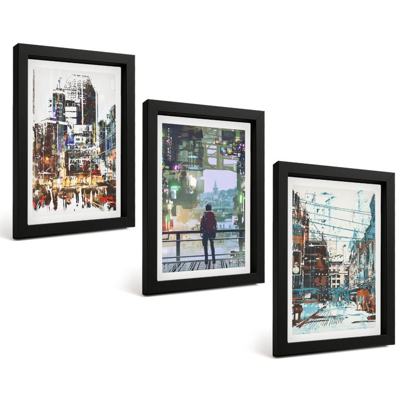 Galeria 3 Obrazów w Czarnej Ramie ArtPrintCave 20x30 cm Komplet ścienny Nowoczesne miasta kolorowe postacie 1 kpl.