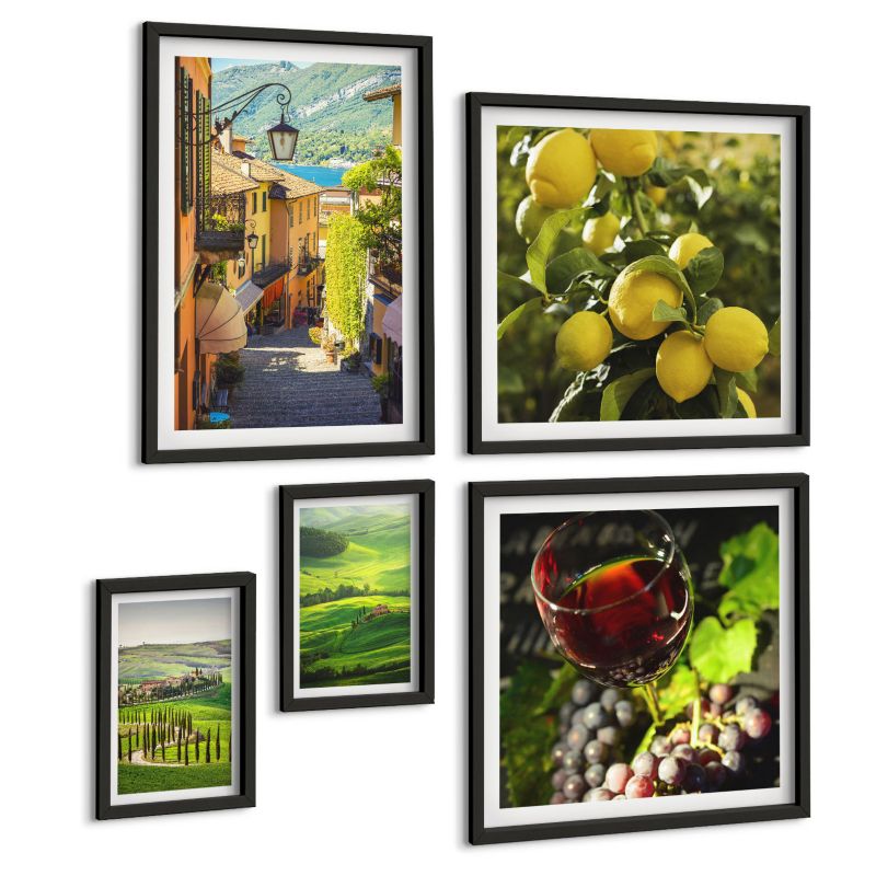 Zestaw 5 Obrazów ArtPrintCave (2x50x50+2x20x30+40x60cm) Czarna rama Włoskie krajobrazy cytrusy wzgórza 1 kpl.