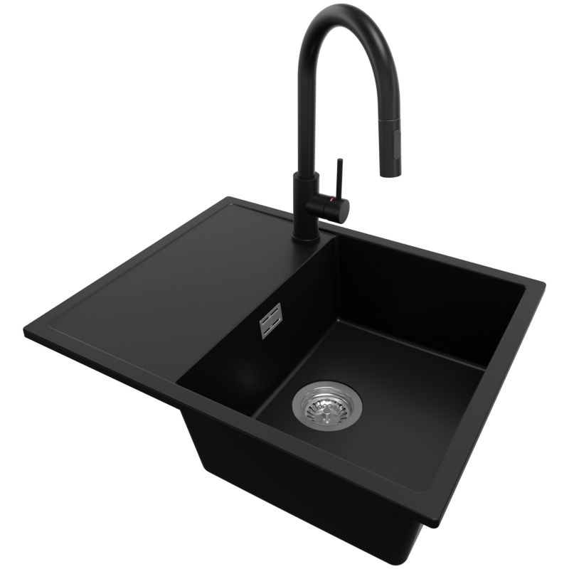 Zlewozmywak Granitowy Ibiza PRIMAGRAN Nablatowy 62x50cm do Szafki od 45cm, Czarny + Bateria 40x20cm + Syfon, S015, 1 szt.