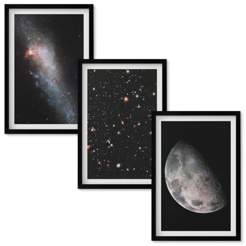 Zestaw Obrazów w Ramie Wallfluent Kosmos galaktyki gwiazdy Księżyc Czarna rama 40x60 cm 3 szt.