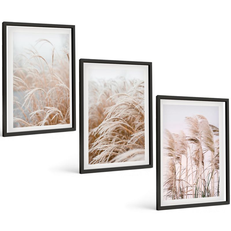 Komplet 3 Obrazów w Czarnej Ramie ArtPrintCave 40x60 cm Grafika Ścienna Pola traw w brązie i beżu 1 kpl.